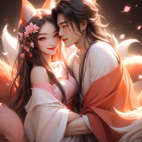  hunv, nine orange tails, 1girl,upper body,red lips,pink eye shadow,round chibi face,off shoulder,(man),kiss with a handsome man,eye contact,delicate face,smile,pretty legs,best light and shadow,cherry_blossom,the man is very handsome