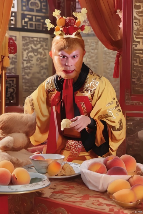 swukong ,(masterpiece, top quality, best quality, official art, beautiful and aesthetic:1.2),((look down)),da sheng clothing,eat icecream and peaches,indoors,curtain,table,Hands covered in hair