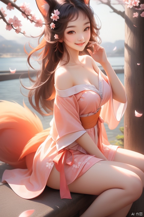 hunv, orange tails, 1girl,breast,off shoulder,delicate face,smile,pretty legs,best light and shadow,cherry_blossom