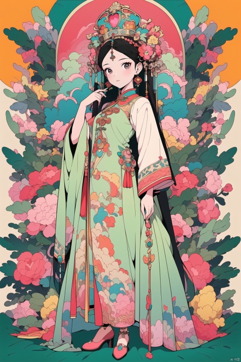  (masterpiece, top quality, best quality, official art, beautiful and aesthetic:1.2),(masterpiece, top quality, best quality, official art, beautiful and aesthetic:1.2),1girl,green dress,very long earrings, Crown, very complex headwear, full body, shoes, sideshow, vector illustration, guzhuang, bianping, wenchuang, gchf
