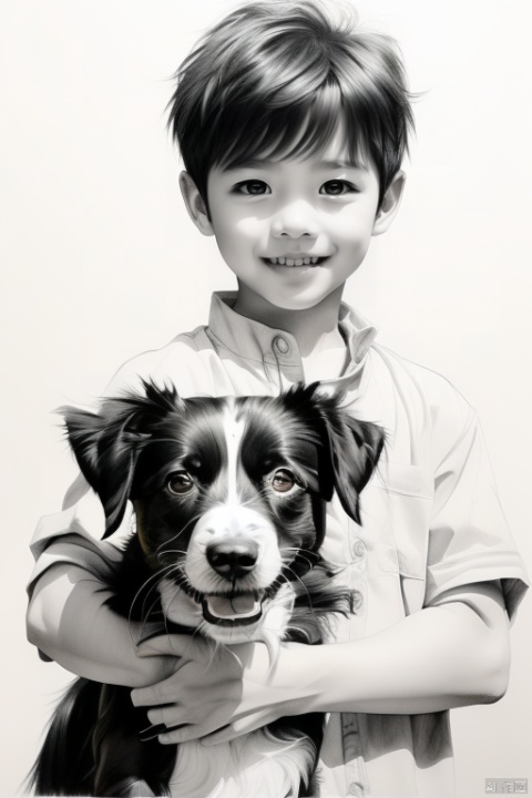 masterpiece,best quality,((1boy)),with a dog,male focus,happy,smile,monochrome,((lineart)),((simple details)),grayscale,white background,Sketching, clear strokes,pencil drawing, high contrast, Black and White, heibai