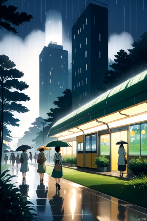 In the grass at night, with a public car station, under the rain, with lights, with buildings, with many people, with the shadows of the forest, with the sunshine, with the style of Miyazaki Hayao, with the style of the cardong