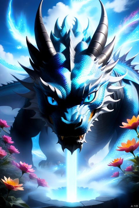 a large dragon,eastern dragon,(Eyes glow:1.3),(eyes with emit laser light,Laser light emitted from both eyes,eyes with blue light, feicuixl,clouds,glowing, flowers, saibofeng,colorful splash,smuged background