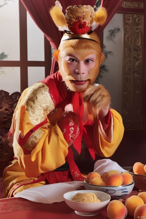 swukong ,(masterpiece, top quality, best quality, official art, beautiful and aesthetic:1.2),((Keep your head down)),da sheng clothing,male focus, front view,eat icecream and peaches,indoors,curtain,table,Hands covered in hair,bright eyes
