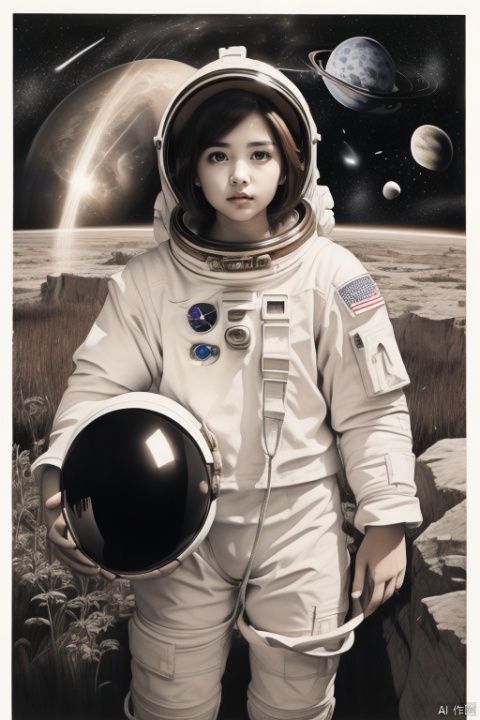  (masterpiece, top quality, best quality, official art, beautiful and aesthetic:1.2), feixing, 1girl, space, space helmet, planet, solo, realistic, spacesuit, earth \(planet\), astronaut, helmet, brown hair, star \(sky\), heibai