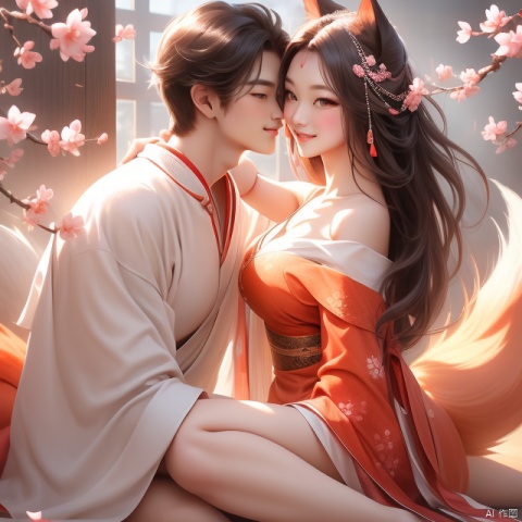 hunv, orange tails, 1girl,breast,upperbody,off shoulder,(man),kiss with a handsome man,eye contact,delicate face,smile,pretty legs,best light and shadow,cherry_blossom,the man is very handsome