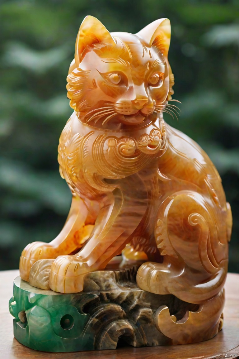 (masterpiece, top quality, best quality, official art, beautiful and aesthetic:1.2),a large cat,(made of orange jade:1.3),golden carving,very beautiful, aesthetic,crystal, surface polished natural gloss, very transparent and beautiful, emerald material, pink fantasy, feicuixl