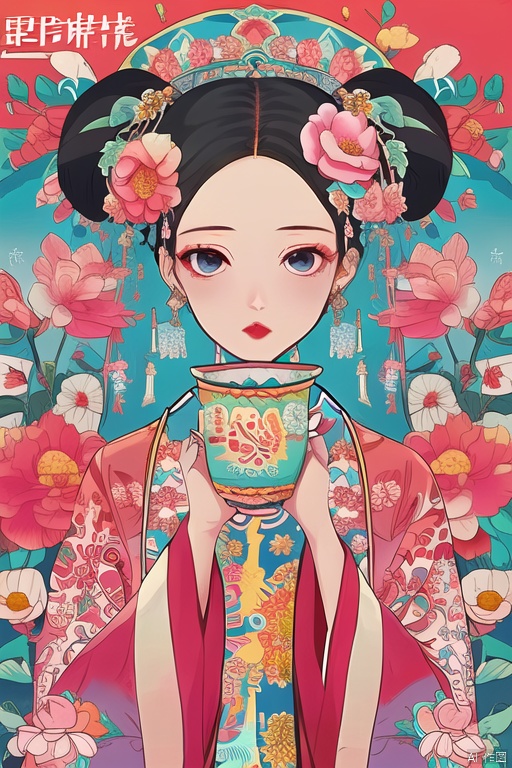  wenchuang,wenchuang,1girl,aqua eyesartist name,
black hair,branch,cherry blossoms,double bun
earrings,floral print,flowe hair flower
hair ornament,holding,japanese clothes,jewelry
leaf ,long hair,long sleeves,looking at viewer
make up orange,flower pink background,pink flower
,print kimonored, flower solo ,upper body
white flower,front view,hold a cup,(masterpiece, top quality, best quality, official art, beautiful and aesthetic:1.2),smwl