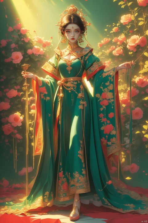  (masterpiece, top quality, best quality, official art, beautiful and aesthetic:1.2),(masterpiece, top quality, best quality, official art, beautiful and aesthetic:1.2),1girl,green dress,very long earrings, Crown, very complex headwear, full body, shoes, sideshow, vector illustration, guzhuang