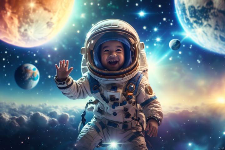  (masterpiece, top quality, best quality, official art, beautiful and aesthetic:1.2),feixing, 1boy,laugh,two hands,orange space helmet, astronaut, planet, earth \(planet\), space, spacesuit, solo, moon,star