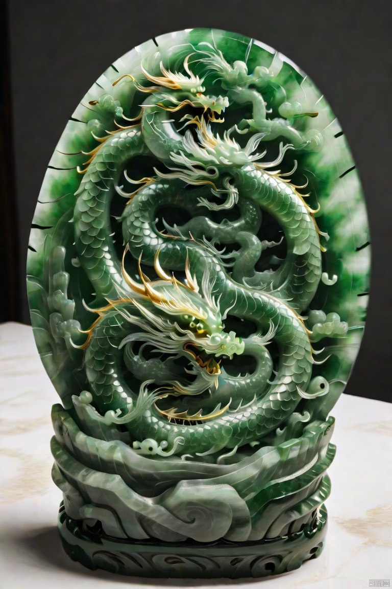 (masterpiece, top quality, best quality, official art, beautiful and aesthetic:1.2),dragon,made of jade,golden carving,model,very beautiful, aesthetic,crystal, surface polished natural gloss, very transparent and beautiful, emerald material