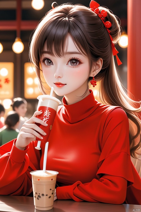 1girl,wear red clothes,upper body,drink milk tea
