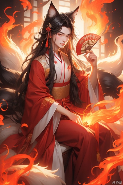 hunv, orange tails, 1man, very handsome,super cute,front view,long hair, multiple tails, tail, black hair, fire, fox ears, kitsune, sitting, hair ornament, looking at viewer, kyuubi, long sleeves, jewelry, holding, red dress, solo, hand fan, chinese clothes, dress