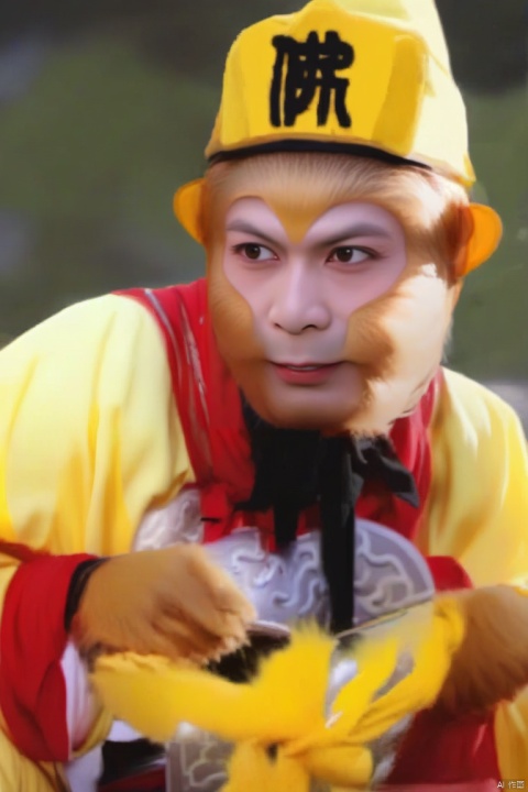  swukong,yellow clothing,hat,male focus,look at side,a bag