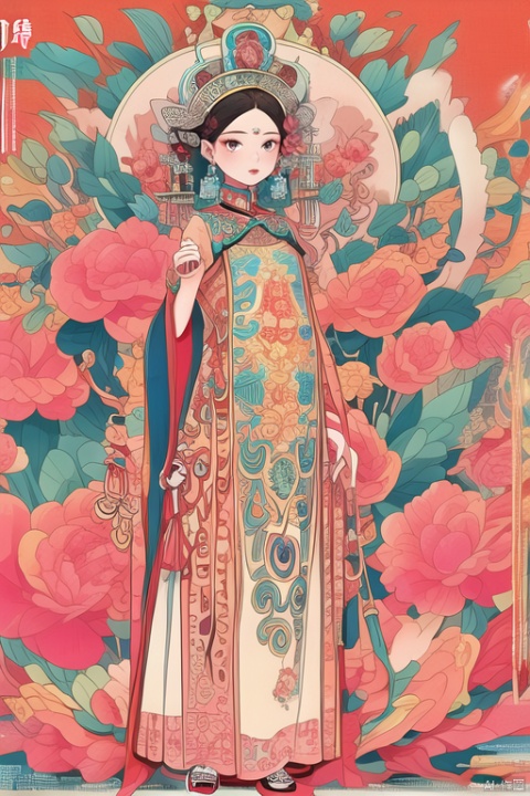  (masterpiece, top quality, best quality, official art, beautiful and aesthetic:1.2),(masterpiece, top quality, best quality, official art, beautiful and aesthetic:1.2),1girl,green dress,very long earrings, Crown, very complex headwear, full body, shoes, sideshow