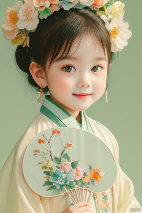 (masterpiece, top quality, best quality, official art, beautiful and aesthetic:1.2),etzanhua,1girl,chibi face,baby face,very sweet,smile,green background,hold a fan,upper body,best light and shadow,ink painting picture as background