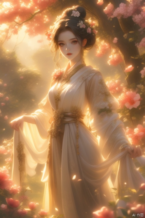 8k Wallpaper,(((masterpiece))), (((best quality))), ((ultra-detailed)), , jueshimeinv,1girl,ancient high hair bun,ancient gogerous dress,flowers,trees,magic environment