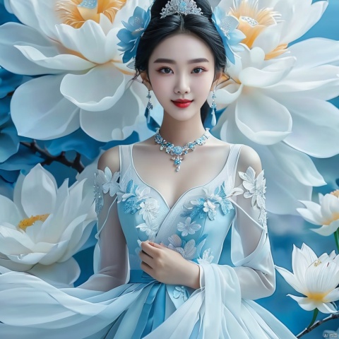 (masterpiece, top quality, best quality, official art, beautiful and aesthetic:1.2)lianhua, 1girl,super realilstic,photography,super details, front view, upper body, solo, jewelry, earrings, hair ornament, black hair, smile, hair flower