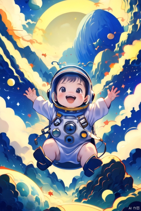 (masterpiece, top quality, best quality, official art, beautiful and aesthetic:1.2),feixing, 1girl,child,super cute,laugh,two hands,open arms, space helmet, astronaut, planet, earth \(planet\), space, spacesuit, solo, moon, feixing, illustration, vector illustration