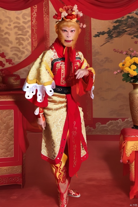 swukong ,(masterpiece, top quality, best quality, official art, beautiful and aesthetic:1.2),da sheng clothing,indoors,curtain,flowers,Hands covered in hair,bright eyes