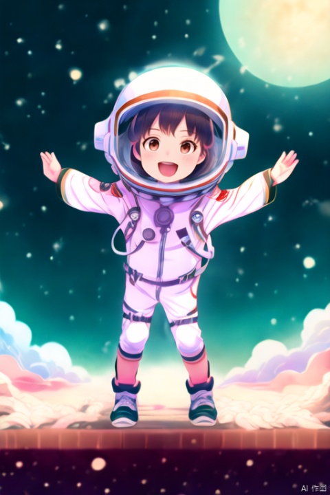 (masterpiece, top quality, best quality, official art, beautiful and aesthetic:1.2),feixing, 1girl,child,super cute,laugh,two hands,open arms, space helmet, astronaut, planet, earth \(planet\), space, spacesuit, solo, moon, feixing, illustration