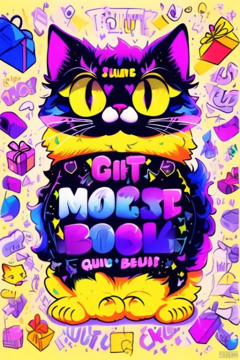 (masterpiece, top quality, best quality, official art, beautiful and aesthetic:1.2),a huge cat,yellow and purple,emoijs and texts behind,gift boxes,banner,graffiti,