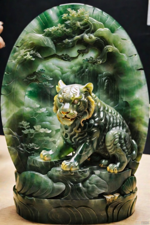 (masterpiece, top quality, best quality, official art, beautiful and aesthetic:1.2),tiger,made of jade,golden carving,model,very beautiful, aesthetic,crystal, surface polished natural gloss, very transparent and beautiful, emerald material