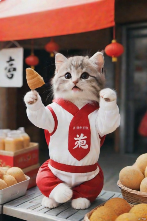 (masterpiece, top quality, best quality, official art, beautiful and aesthetic:1.2),cat,,(cat wear red suit),super cute,open arms,stand,in super market,,happy, maomika,spring festival
