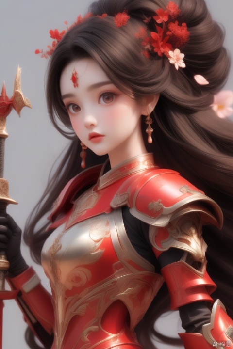  jueshimeinv,1girl,delicate face,intricate ancient hair style,red forehead_mark,hair ornament,very long hair,petals,(front view:1.5),face to camera,(look at viewer),mechanical hands,(red MechWar Armor),dynamic gestures,open arms,hold a large double-edged sword,upper body,close up
