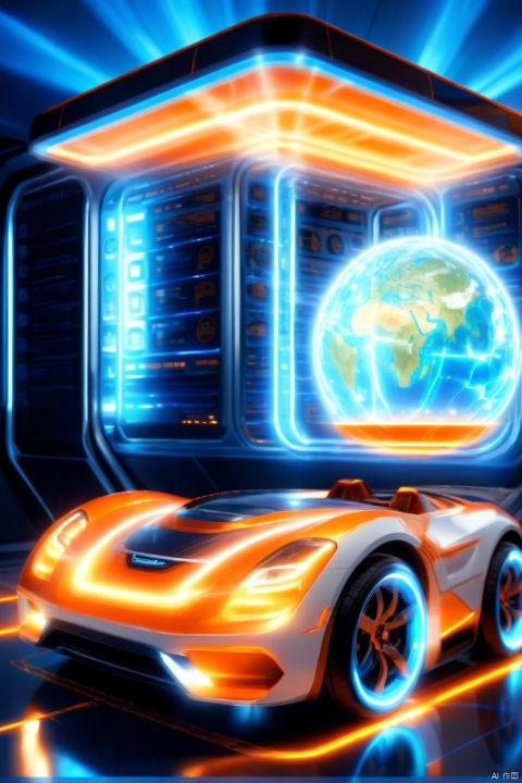 orange and white,bright,gogerous view,future,a car at the bottom,electricity spread,earth,Surrounded by vertical blue beams of light