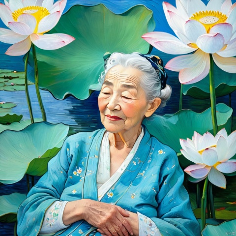 (masterpiece, top quality, best quality, official art, beautiful and aesthetic:1.2),(very old gramma),80 year's old,super old,winks,winks,,(deep winks:1.5),very old,upper body,big lotus behind,,high,
resolution,super detailed,Van Gogh oil paintingstyle,best quality,masterpiece , 