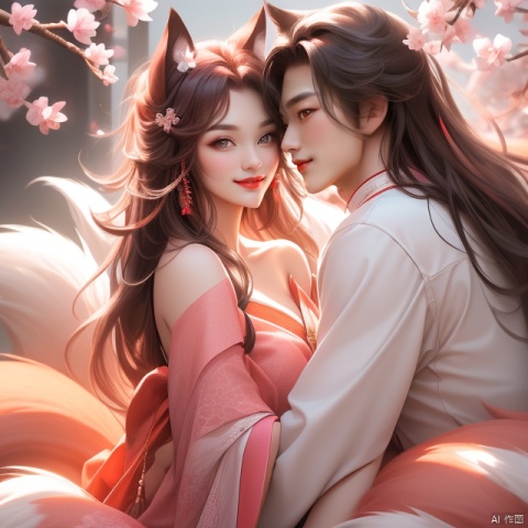 hunv, nine orange tails, 1girl,upper body,red lips,pink eye shadow,off shoulder,(man),kiss with a handsome man,eye contact,delicate face,smile,pretty legs,best light and shadow,cherry_blossom,the man is very handsome