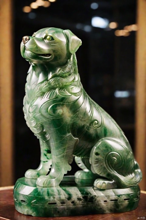 (masterpiece, top quality, best quality, official art, beautiful and aesthetic:1.2),a large dog,made of jade,golden carving,very beautiful, aesthetic,crystal, surface polished natural gloss, very transparent and beautiful, emerald material, pink fantasy, feicuixl