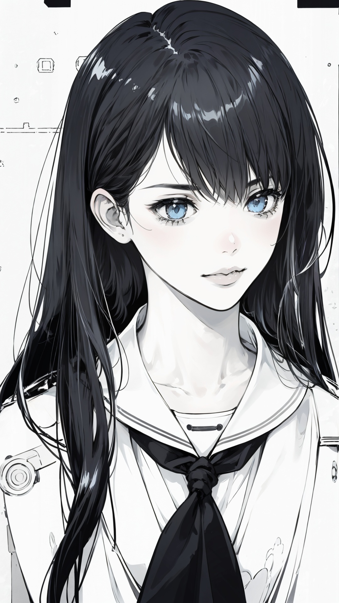 (low contrast,  black and white,  line draft: 1.2), masterpiece,  best quality, black hair, (mature female),  1girl, upper body, solo, looking at viewer,  school uniform,  long straight hair