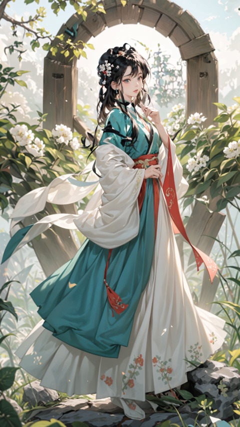 (8k, original image, best quality, masterpiece: 1.2),aerial garden, (A girl lazily stood on a rock watching the scenery),(Beautiful facial features, extremely beautiful face),(Hanfu long skirt:1.2),White Hanfu,The ancient tea trees on both sides of her are covered in white flowers,(Fisheye view), whole body, solo, atmospheric lighting, Ancient Chinese Architecture,The foreground is a Chinese style circular arch,Far away is a mountain hidden in the clouds,White flowers, wind,cloud, atmospheric lighting,physics based rendering, viewers,DUNHUANG_CLOTHS,han style,1 girl