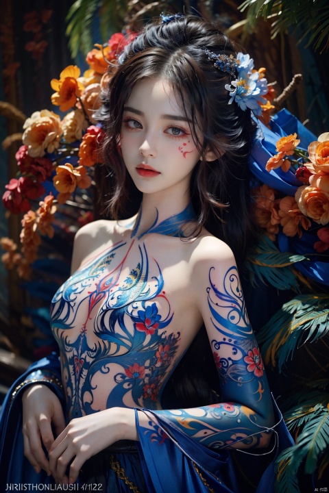  offcial art, colorful, Colorful background, splash of color, A beautiful woman with delicate facial features, The chest is large, tattoo all over body, Flower arms, Colorful and colorful silks cover the body, The looming body, Sideways photo,SAIYA,((Ylvi-Tattoos,tattoos))