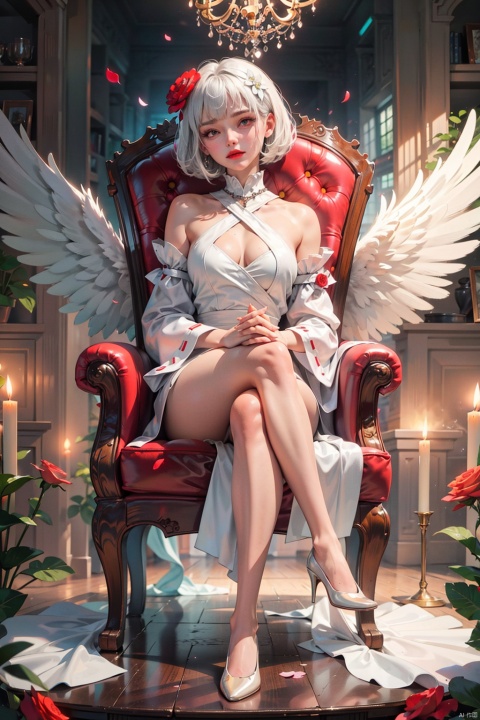  1girl, solo, breasts, looking at viewer, short hair, bangs, hair ornament, long sleeves, dress, bare shoulders, jewelry, sitting, closed mouth, full body, flower, white hair, detached sleeves, food, wings, hair flower, white dress, lips, petals, makeup, swept bangs, rose, chair, crossed legs, own hands together, fire, lipstick, red flower, feathered wings, cake, angel wings, red rose, white wings, red lips, candle, candlestand


, Light master, guoflinke
