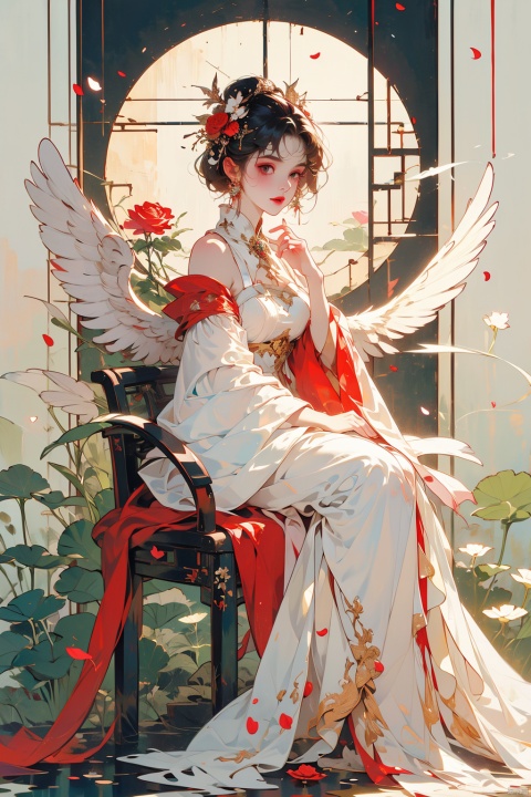  1girl, solo, breasts, looking at viewer, short hair, bangs, hair ornament, long sleeves, dress, bare shoulders, jewelry, sitting, closed mouth, full body, flower, white hair, detached sleeves, food, wings, hair flower, white dress, lips, petals, makeup, swept bangs, rose, chair, crossed legs, own hands together, fire, lipstick, red flower, feathered wings, cake, angel wings, red rose, white wings, red lips, candle, candlestand


, Light master, guoflinke