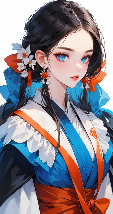  High quality, masterpiece, 1 girl, blue, orange, red,white background, vnbeauty