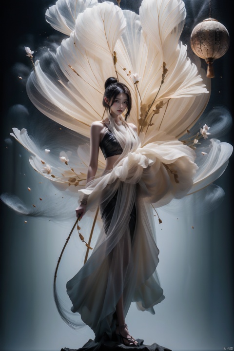 a woman with white hair holding a glowing ball in her hands, white haired deity, by Yang J, heise jinyao, inspired by Zhang Han, xianxia fantasy, flowing gold robes, inspired by Guan Daosheng, human and dragon fusion, cai xukun, inspired by Zhao Yuan, with long white hair, fantasy art style,,Ink scattering_Chinese style, smwuxia Chinese text blood weapon:sw, lotus leaf, (\shen ming shao nv\)