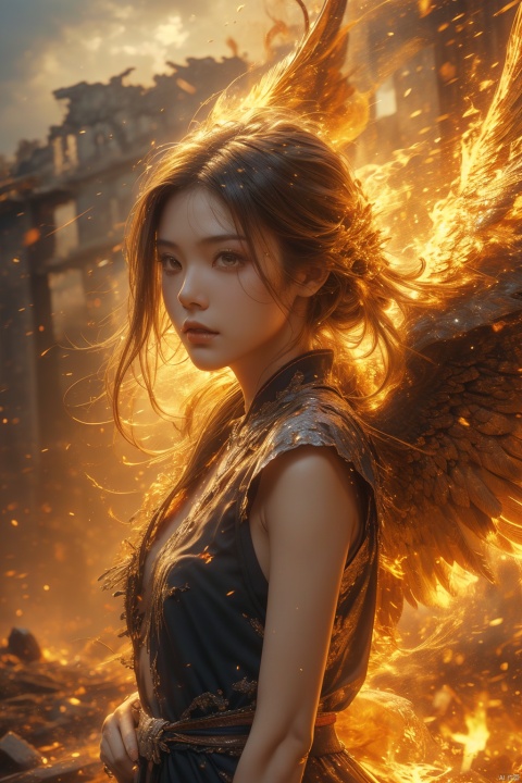  A girl ,the whole body, depth of field, film and television footage, the burning background, the ruins of the city, the sky full of flames, (\shen ming shao nv\),wings