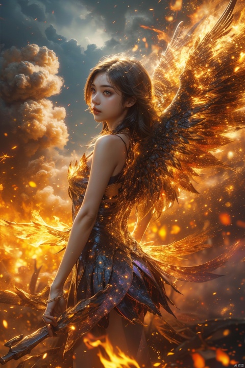  A girl , burning , the sky full of flames,wings,depth of field