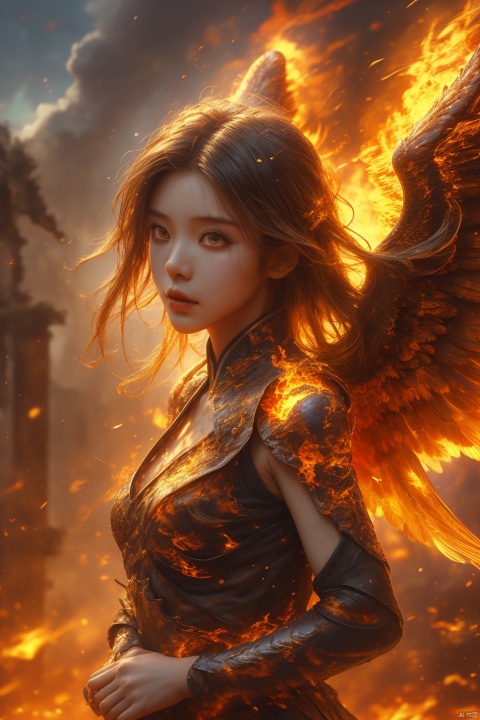  A girl ,the whole body, depth of field, film and television footage, the burning background, the ruins of the city, the sky full of flames, (\shen ming shao nv\),wings