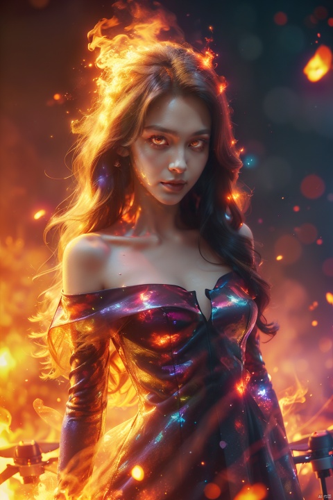  a girl,flame, burning,sparks,light particles,yinghuo,Glowing eyes,Colorful flames,Drone angle,Off Shoulder