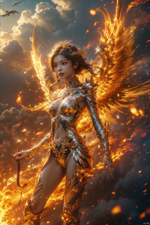  A girl , burning , the sky full of flames,wings,depth of field