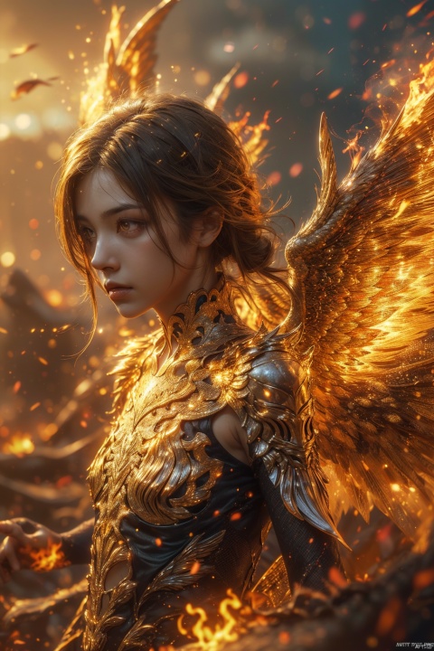  A girl , burning , the sky full of flames,wings,depth of field