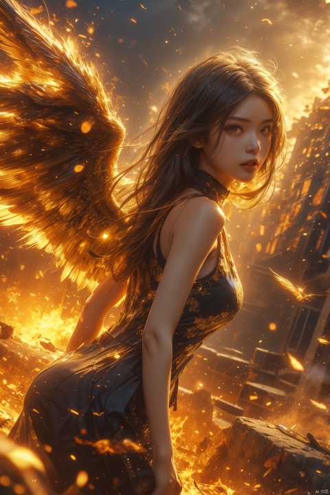  A girl ,depth of field, film and television footage, the burning background, the ruins of the city, the sky full of flames, (\shen ming shao nv\),wings