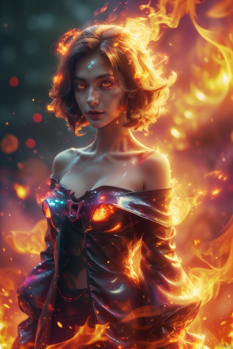  a girl,flame, burning,sparks,light particles,yinghuo,Off Shoulder,Glowing eyes,Colorful flames,Drone angle