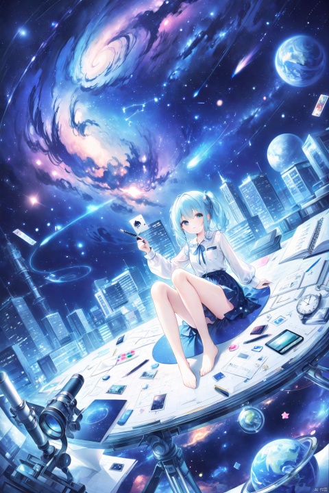  (masterpiece),(best quality),star_\(sky\),starry_sky,space,shooting_star,1girl,constellation,planet,night_sky,pencil,starry_sky_print,blue_eyes,night,palette_\(object\),earth_\(planet\),feet,phone,sky,solo,moon,barefoot,eraser,long_sleeves,blue_hair,book,looking_at_viewer,telescope,pen,shirt,cellphone,smile,card,paper,star_\(symbol\),handheld_game_console,notebook,galaxy,crescent_moon,clock,cloud,white_shirt,milky_way,cityscape,globe,light_particles,