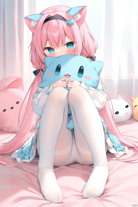 (masterpiece),(best quality),Best-A,chen_bin,Best-A,1girl, absurdres, animal_ears, blue_eyes, cat_ears, chen_bin, commentary, curtains, fake_animal_ears, hair_ornament, hairband, highres, hugging_object, indie_virtual_youtuber, indoors, knees_together_feet_apart, long_hair, long_sleeves, looking_at_viewer, low_twintails, no_shoes, on_bed, pantyhose, pink_hair, sakurada_hane, sitting, solo, stuffed_animal, stuffed_toy, thighband_pantyhose, toes, twintails, virtual_youtuber, white_pantyhose